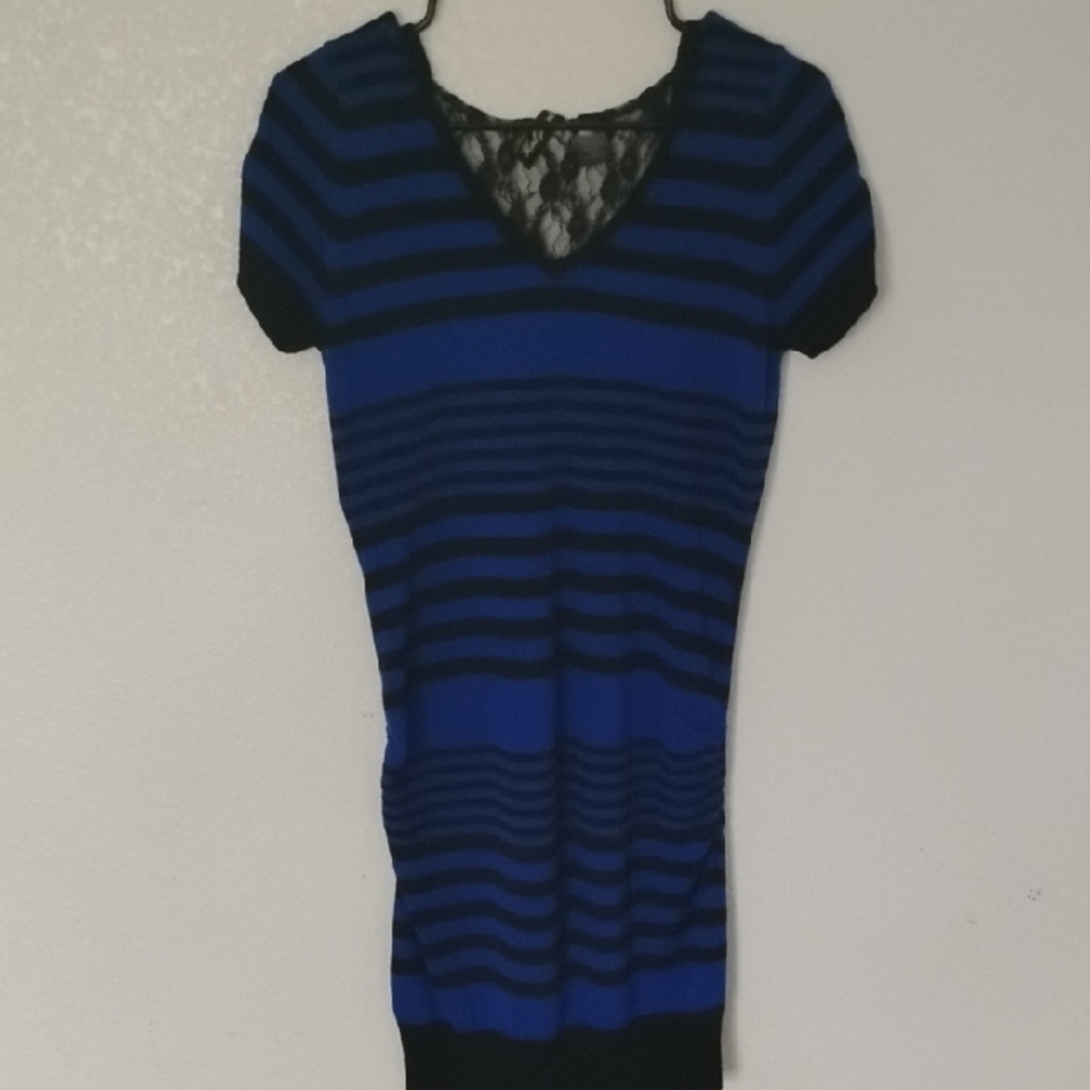 Elegant Blue and Black Striped Midi Dress